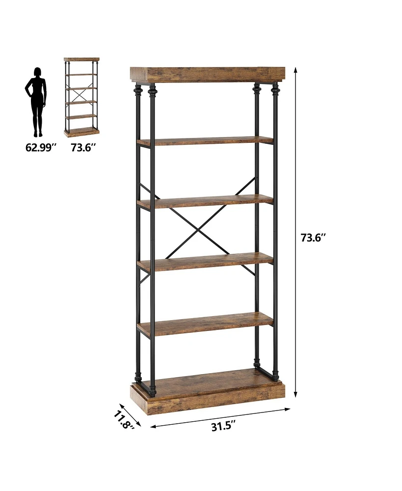 gaomon 6 Tier Bookshelf Industrial Bookcase Wood Tall Standing Bookshelves Wood Vintage Display Rack Rustic Bookshelf