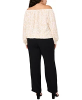 Vince Camuto Plus Printed Off-The-Shoulder Long-Sleeve Tie-Front Blouse