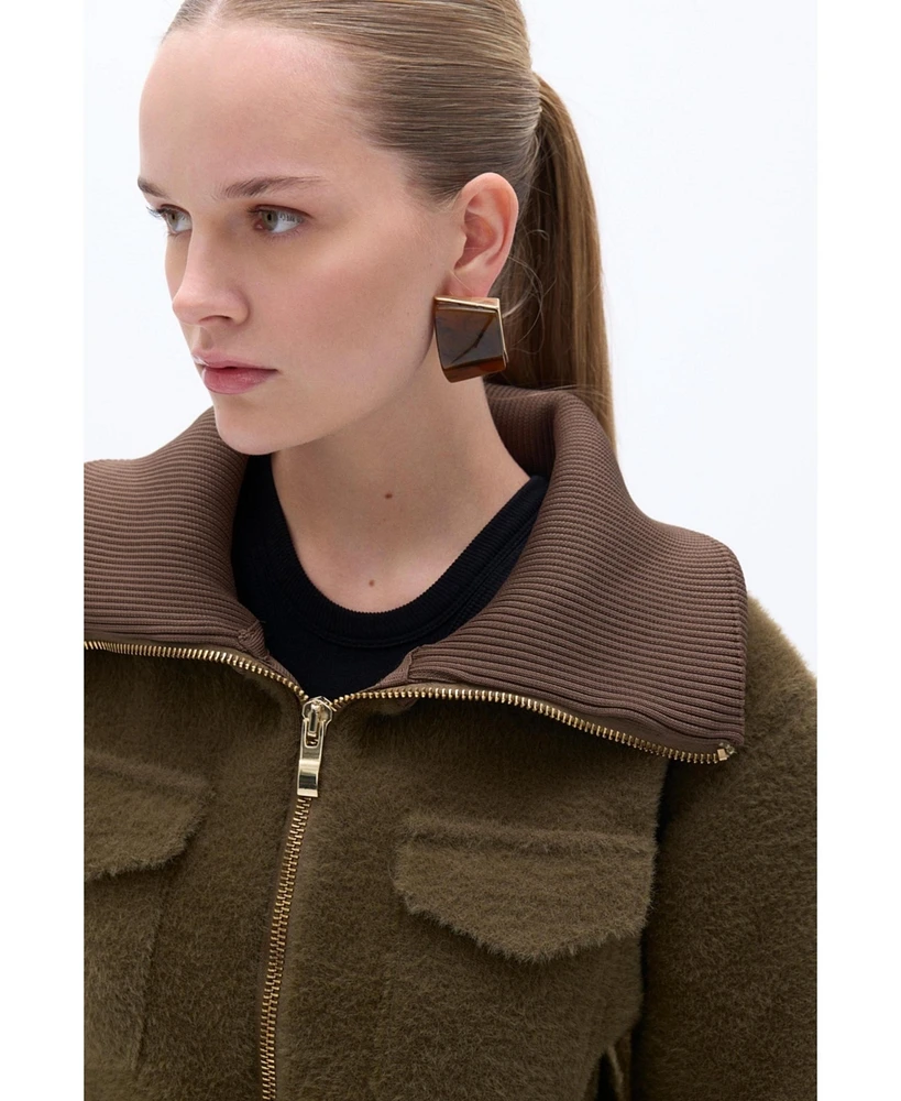 Nocturne Women's Wide Collar Zipper Detailed Knitwear Cardigan
