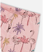 Deux par Deux Toddler Girls Printed Organic Cotton Capri Legging Palm Trees, Pink Flamingo, And Turquoise - Toddler|Child