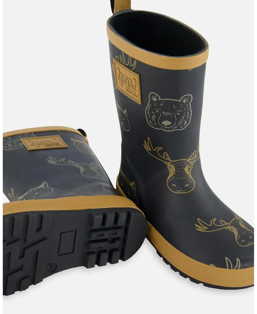 Deux par Deux Little Boys Printed Rain Boots Beige Animals On Black Background - Toddler|Child