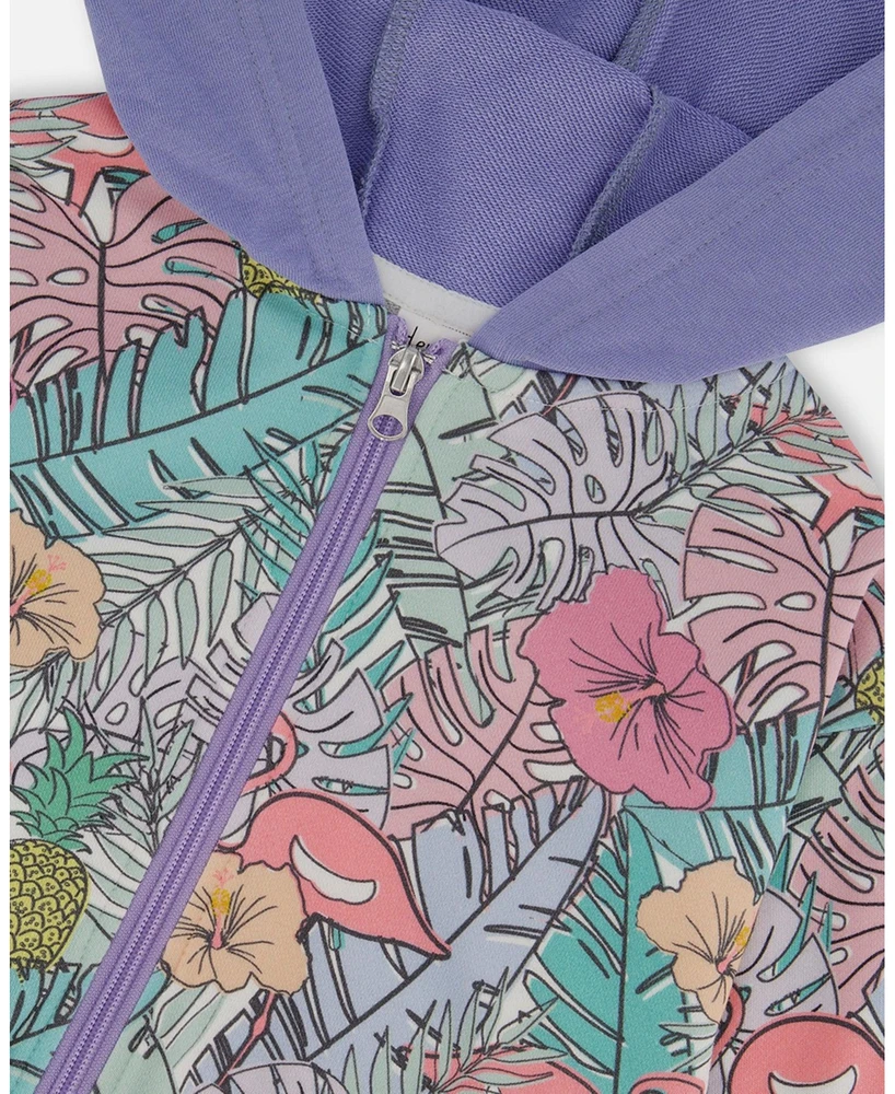 Deux par Big Girls Printed French Terry Hoodie Cardigan Lilac Tropical And Pink Flamingos