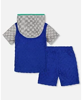 Deux par Deux Big Boys Printed Hooded Terry Top And Shorts Set Blue And Gray