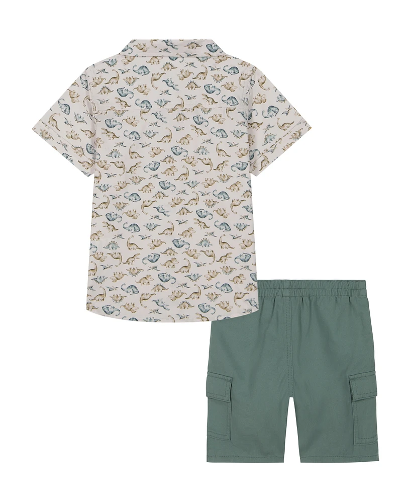 Kids Headquarters Baby Boys 2-Piece Short Sleeve Dinosaur Print Poplin Shirt and Twill Cargo Shorts Set