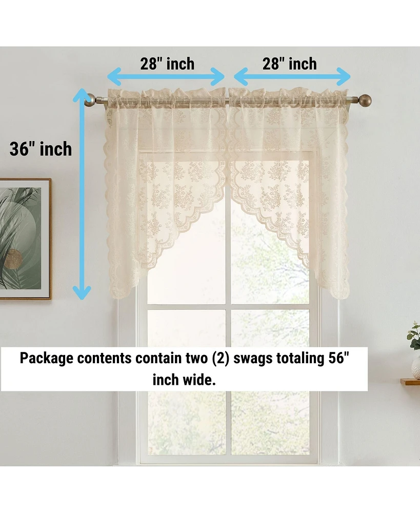 Hlc.me Jolene Floral Rod Pocket Lace Short Cafe Swags for Small Windows - 28 x 36 Inch Length (Taupe Swags, Set of 2)