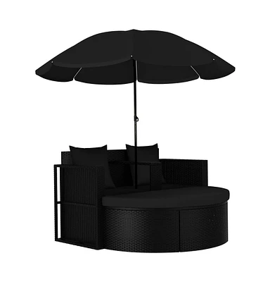 Patio Bed Outdoor Lounger Wicker Daybed with Parasol Poly Rattan