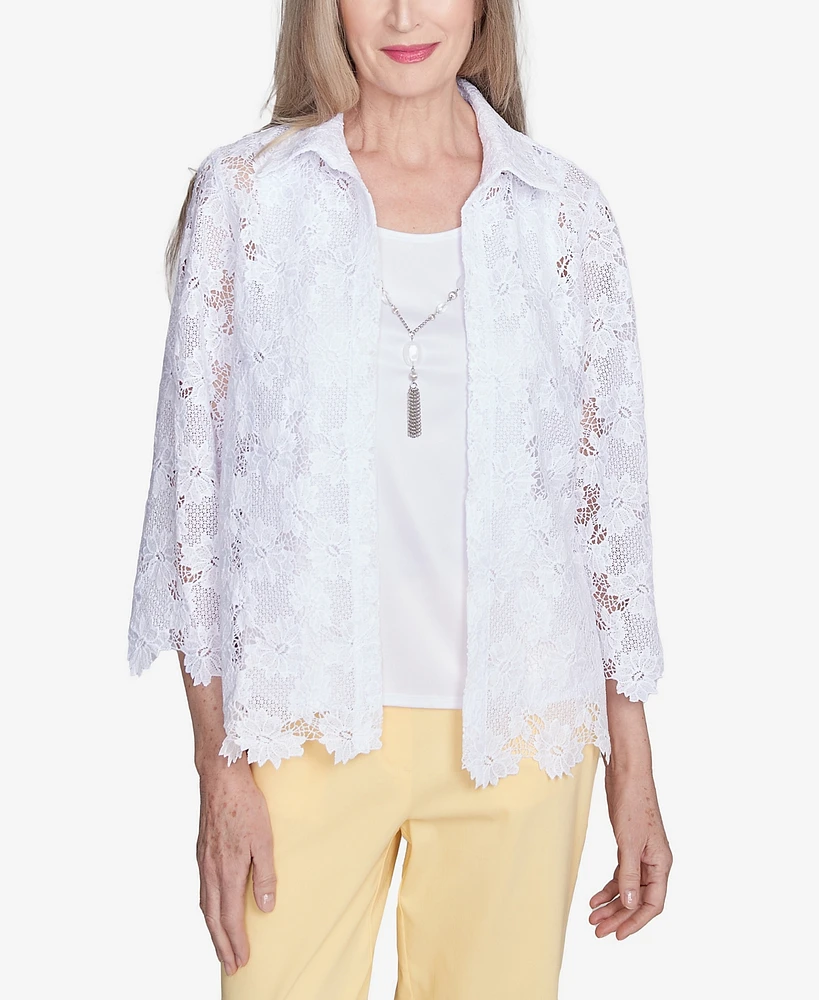 Alfred Dunner Women's Dress Code Two in One Lace Top with Necklace