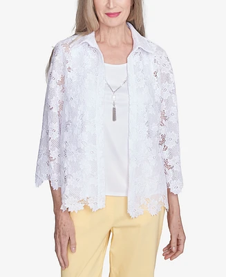 Alfred Dunner Women's Dress Code Two in One Lace Top with Necklace