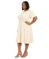 London Times Plus Size Crewneck Button-Tab Short-Sleeve Midi Dress