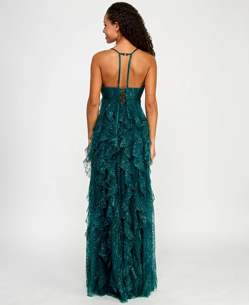 pear culture Juniors' Sequin Lace Ruffled Ball Gown