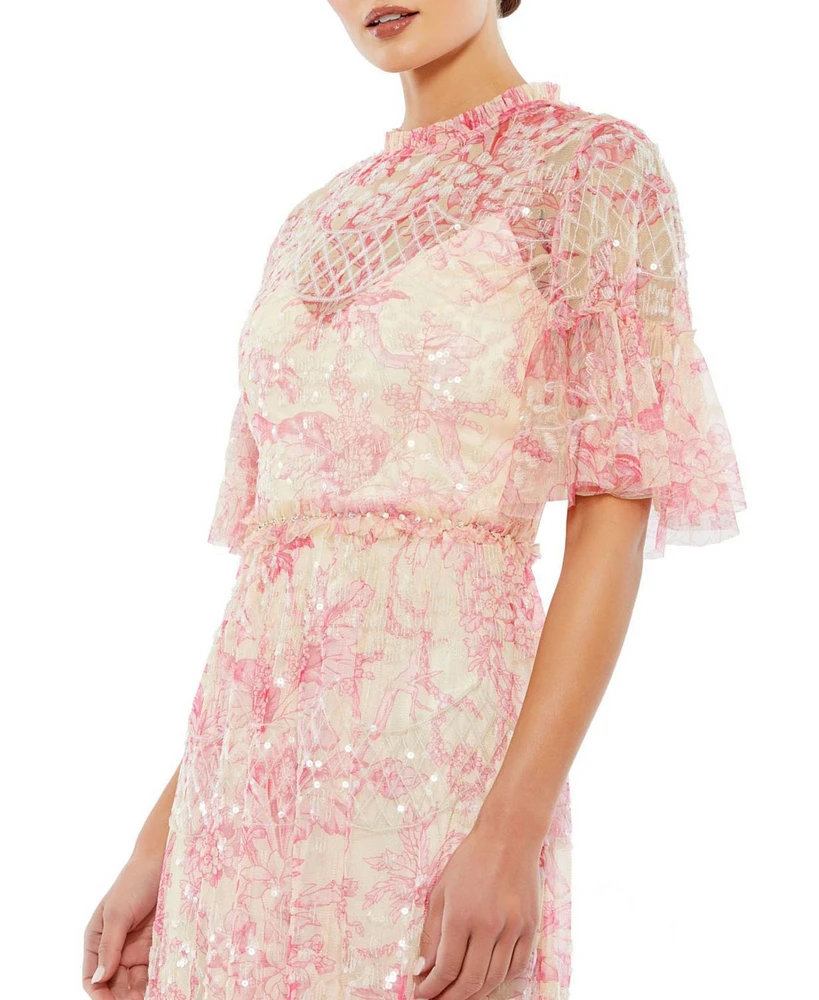 Women's Flounce Sleeve Embellished Dress