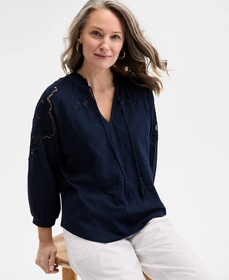 Style & Co Petite Long-Sleeve V-Neck Embroidered Top, Exclusively at Macy's