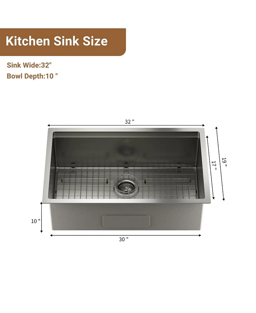 32''x 19'' Stainless Steel Kitchen Sink Faucet Sets, Undermount Single Bowl with Cutting Board, Roller Blind, Drain Basket