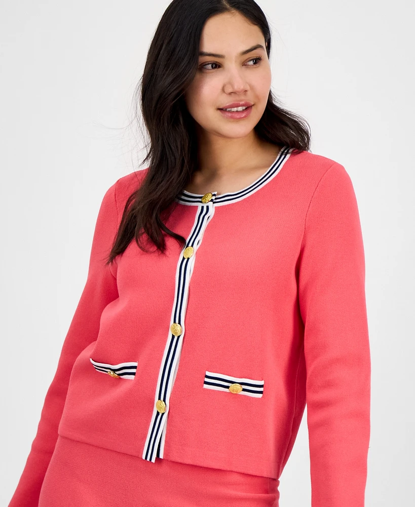 Tahari Asl Women's Striped-Trim Long-Sleeve Cardigan