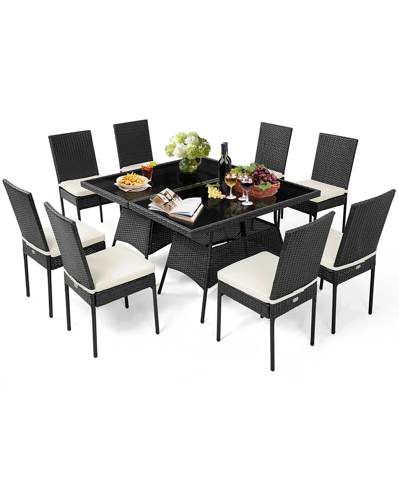10PCS Patio Rattan Dining Set Cushioned Chair Table with Glass Top Garden Furniture