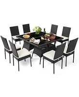 10PCS Patio Rattan Dining Set Cushioned Chair Table with Glass Top Garden Furniture