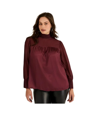 June + Vie Women's Satin Mockneck Blouse