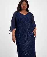 Connected Plus Size Sheer-Sleeve Lace Gown