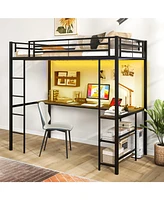 Loft Bed Raised Platform Bed with Desk and 2 Storage Shelves
