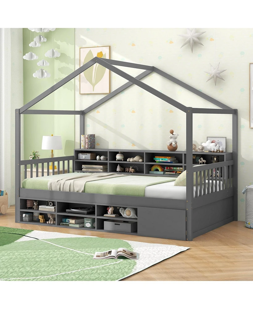 Kids' House Bed with Roof, 14 Storage Cubes, and Enclosed Cabinet for Bedroom