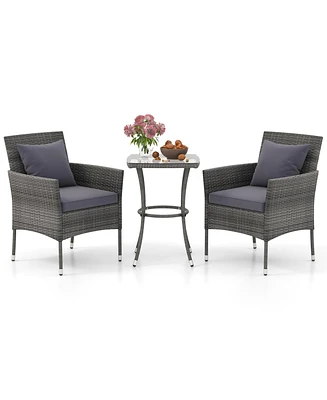 Gymax 3-Piece Patio Furniture Set Pe Wicker Conversation Bistro w/ A Tempered Glass Table