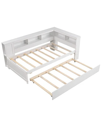 Daybed Platform Bed Frame with Trundle and Bedside Shelves