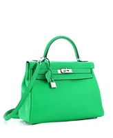 Pre-Owned HERMES Kelly 32 Handbag Green Clemence with Palladium Hardware