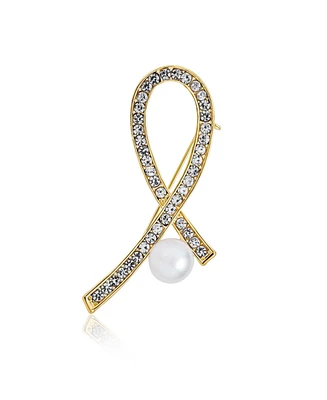 Bling Jewelry White Pearl Crystal Pave Pink Ribbon Breast Cancer Brooch Pin