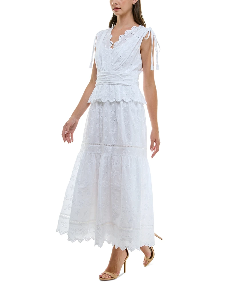 Taylor Women's Cotton Eyelet-Embroidered Tiered Dress