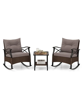 3 Pcs Patio Rocker Set with 2-Tier Coffee Table & Soft Seat Back Cushions Outdoor