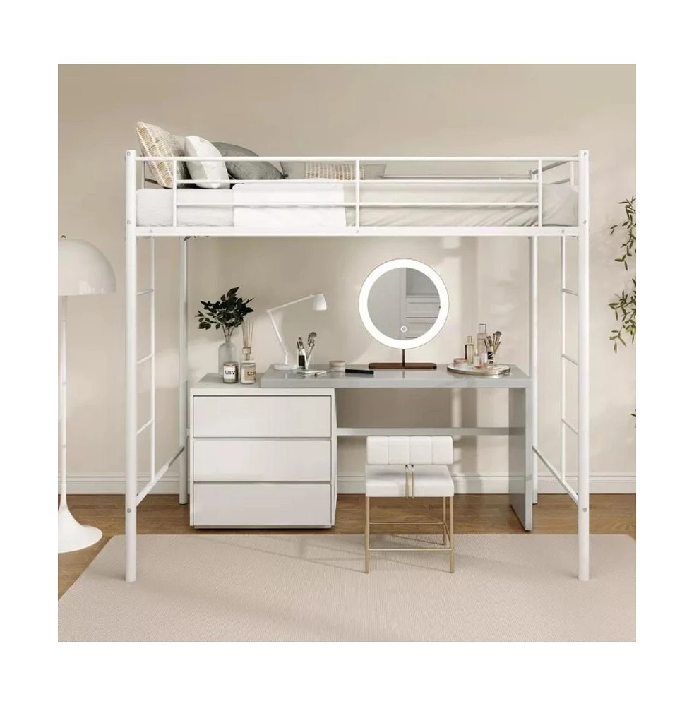 Twin Loft Bed Frame with Dual Ladders and Full-Length Guardrail