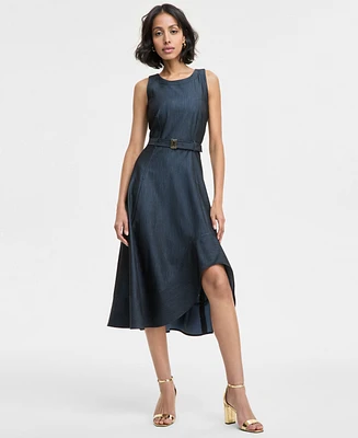 Karl Lagerfeld Paris Women's Jewel-neck Belted Sleeveless Dress