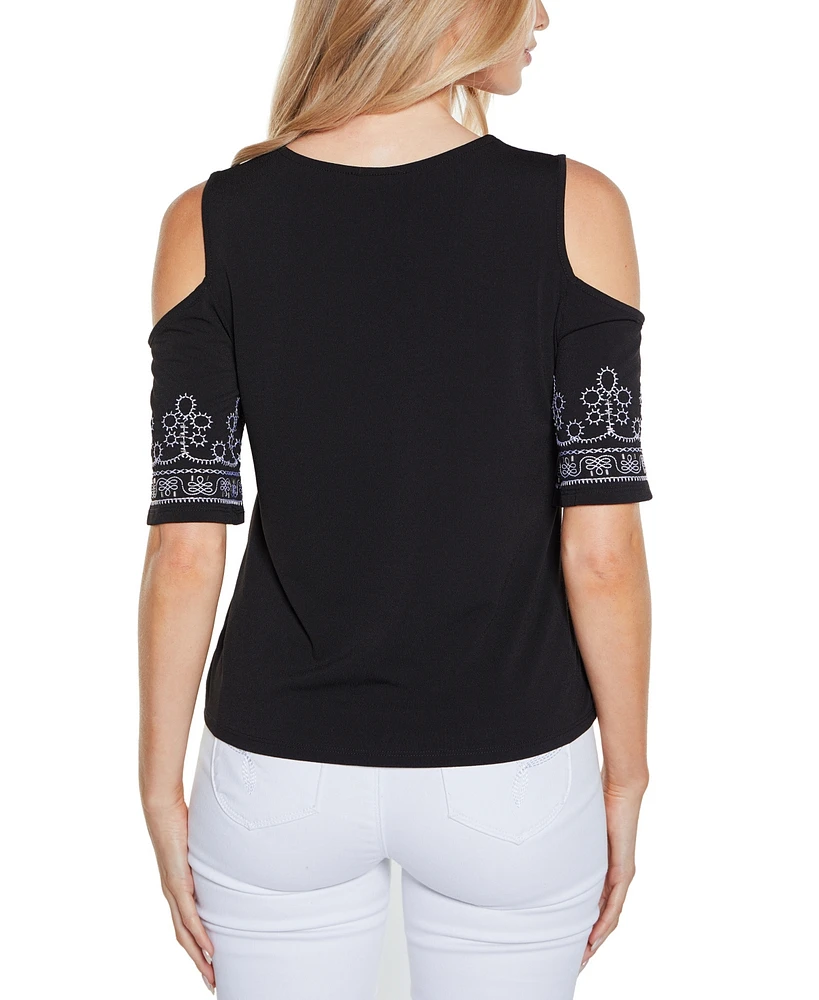 Belldini Women's Embroidered Cold-Shoulder Knit Top