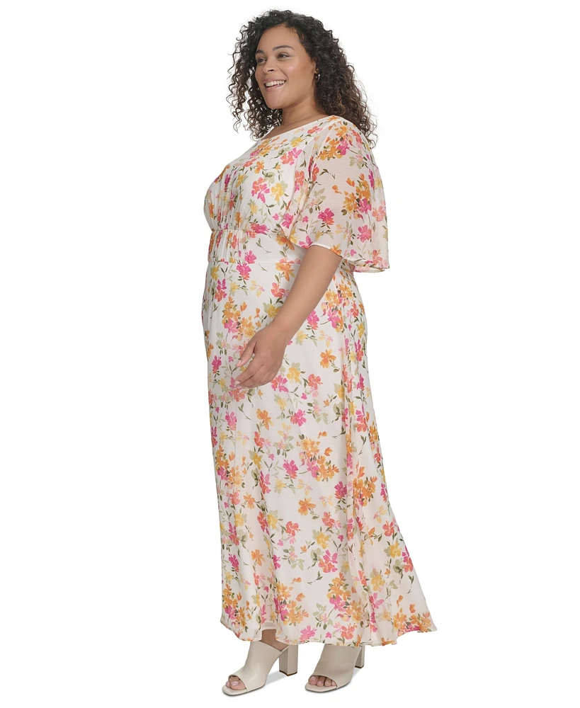 Calvin Klein Plus Size Floral-Print Flutter-Sleeve Maxi Dress