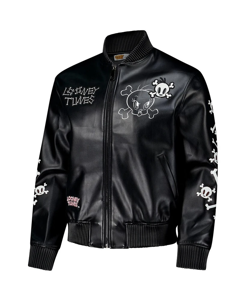Freeze Max Men's Black Looney Tunes Tweety Bones Full-Zip Varsity Jacket