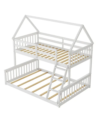 House Bunk Bed with Ladder, Guardrails, and Playhouse Design for Kids Bedroom Furniture