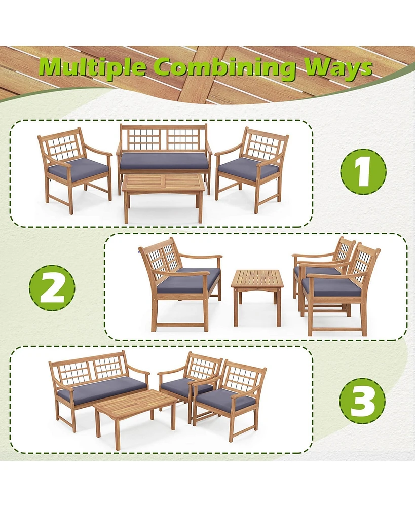 4 Pcs Wood Patio Furniture Set with Soft Seat Cushions Solid Acacia Frame