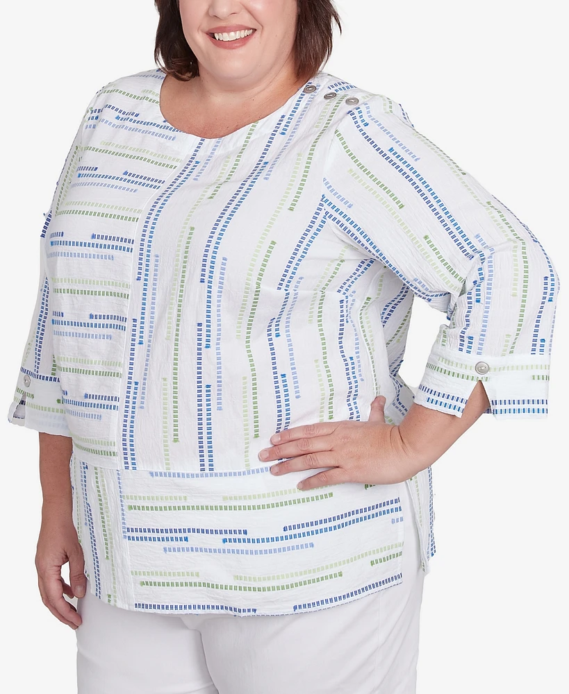 Alfred Dunner Plus Parrot Cay Spliced Textured Jacquard Crew Neck Top