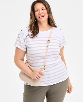 Style & Co Plus Stripe Button-Trim T-Shirt, Exclusively at Macy's