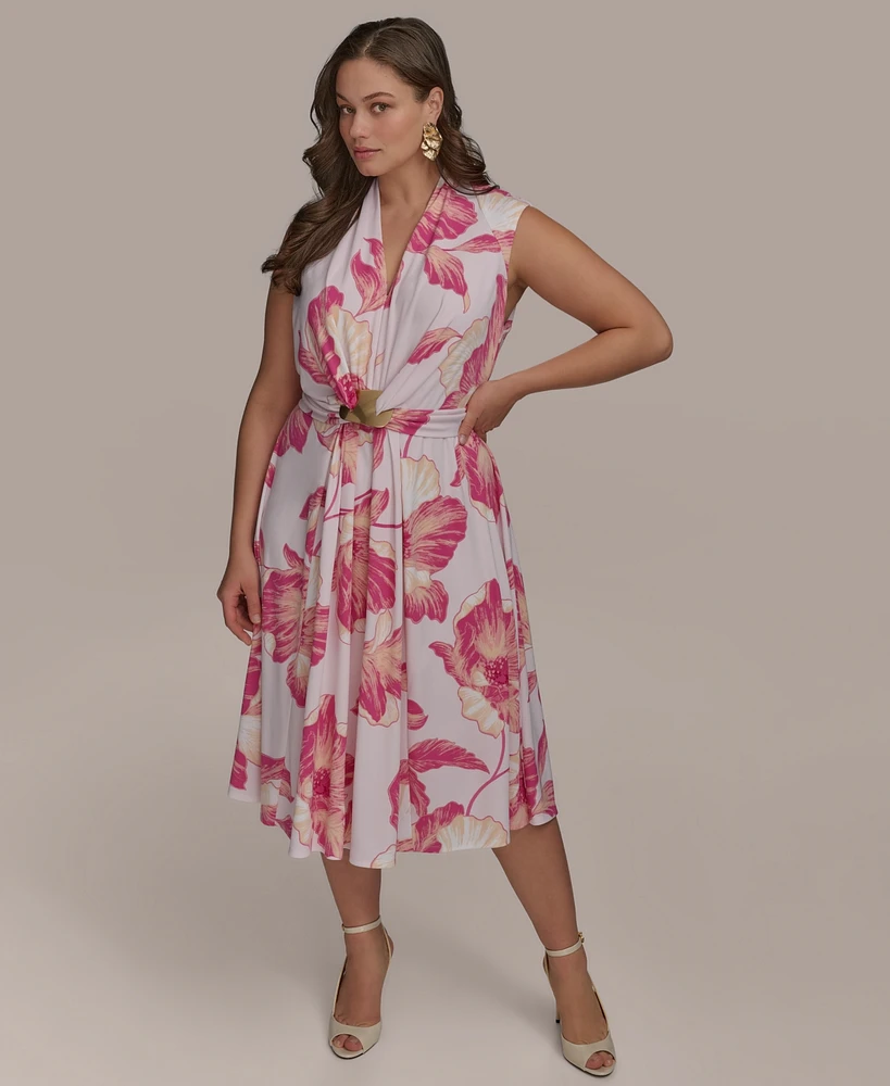 Donna Karan New York Plus Size Floral-Print Belted Midi Dress