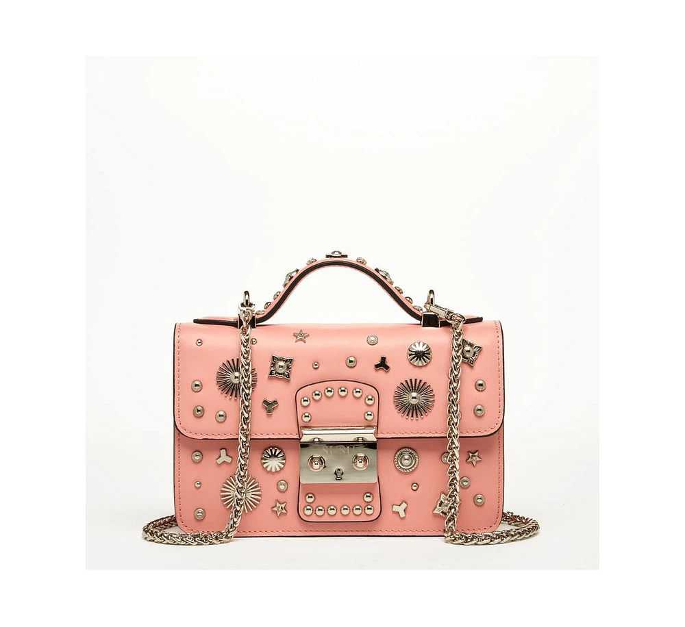 Susu Women s Pink Embellished Crossbody Bag Studded Shoulder Purse with Chain Strap and Top Handle, Statement Designer Handbag for Evening & Casual Ou
