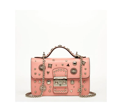 Susu Women s Pink Embellished Crossbody Bag Studded Shoulder Purse with Chain Strap and Top Handle, Statement Designer Handbag for Evening & Casual Ou