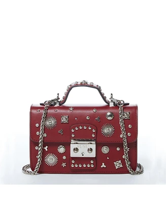 Susu Burgundy Studded Leather Crossbody Bag Small Designer Purse with Top Handle and Embellishments for Women