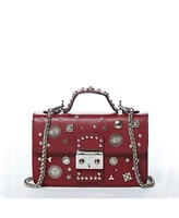 Susu Burgundy Studded Leather Crossbody Bag Small Designer Purse with Top Handle and Embellishments for Women