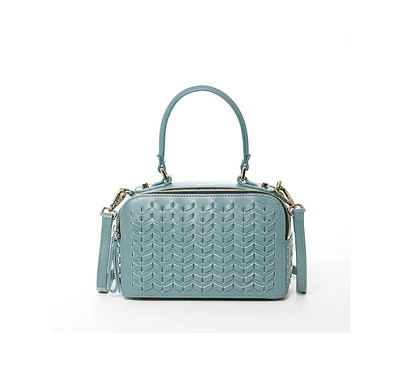Susu Woven Leather Crossbody Bag Blue Purse Women's Handbag with Top Handle and Adjustable Strap