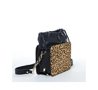Susu Black Leather Bucket Bag Medium Size Leopard Print Purse for Women with Drawstring Design
