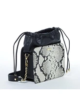 Susu Black Leather Bucket Bag Medium Size Purse with Snakeskin Print and Drawstring Design for Women