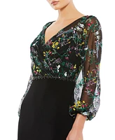 Mac Duggal Women's Embroidered Illusion Puff Sleeve Column Gown