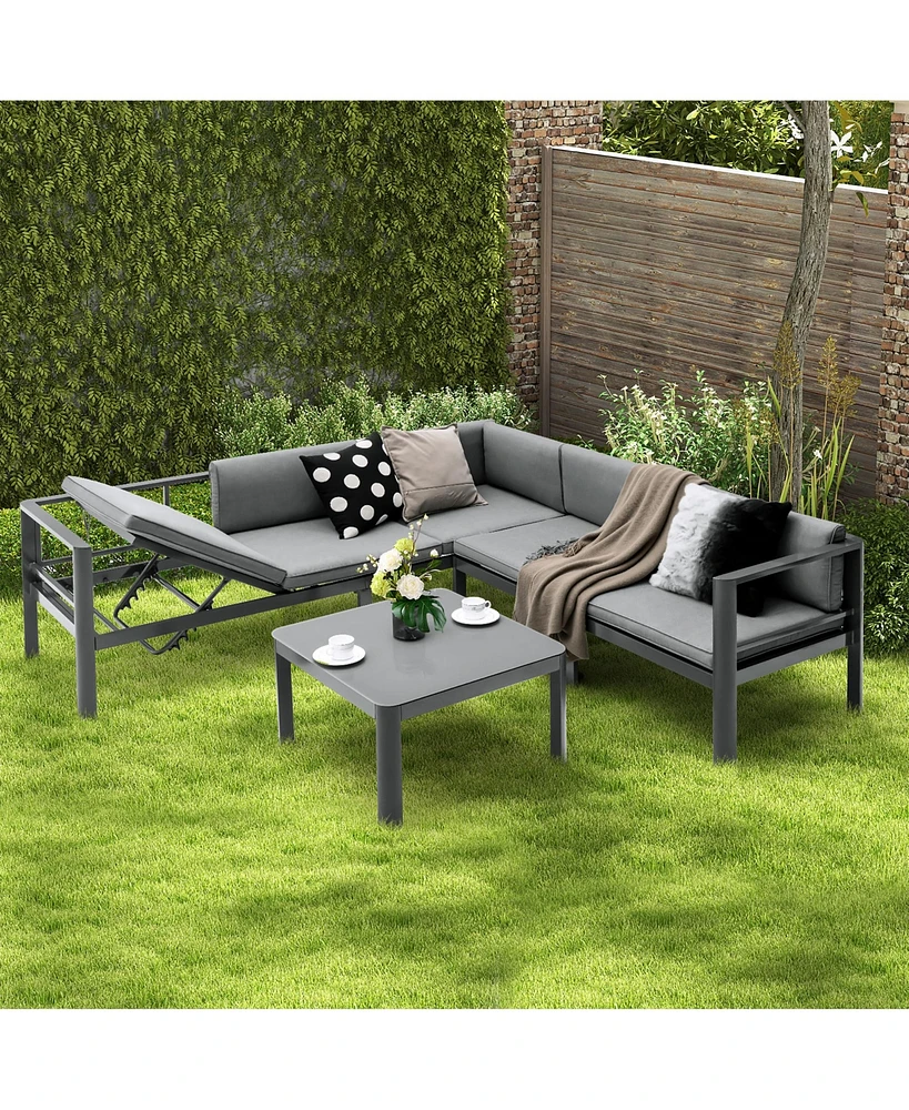 Gymax 3PCS Patio Furniture Set Aluminum Lounge Adjust Back Recliner Sofa Table Cushion