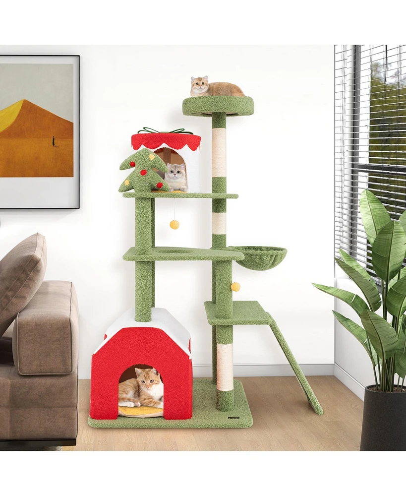 Festive Cat Tree with 2 Condos and Scratching Posts, Christmas-Themed Playhouse